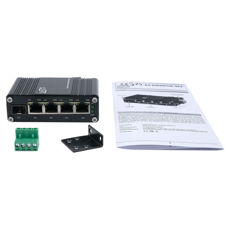 EXSYS EX-62020PoE 4-poorts industriële Ethernet-switch, PoE 1-poort 100/1000Fx SFP