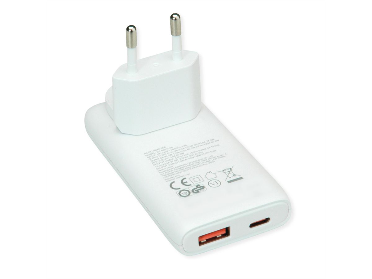 VALUE USB Charger mit Euro-/US-Stecker, 2 Ports Typ A+C, 65W
