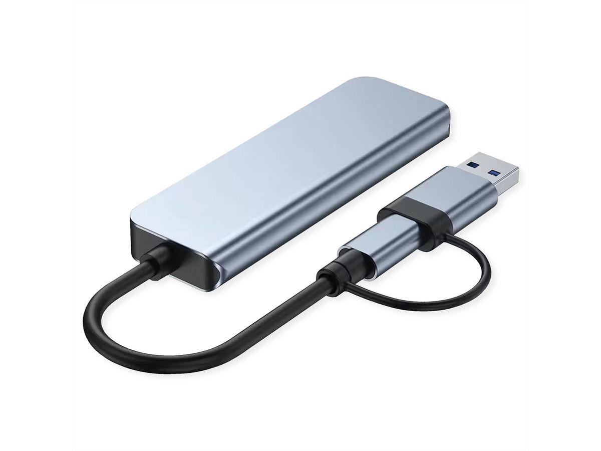 VALUE USB Hub, 4x USB-A Ports (3x USB 2.0 + 1x USB 3.2 Gen1), Type A+C host connection cable