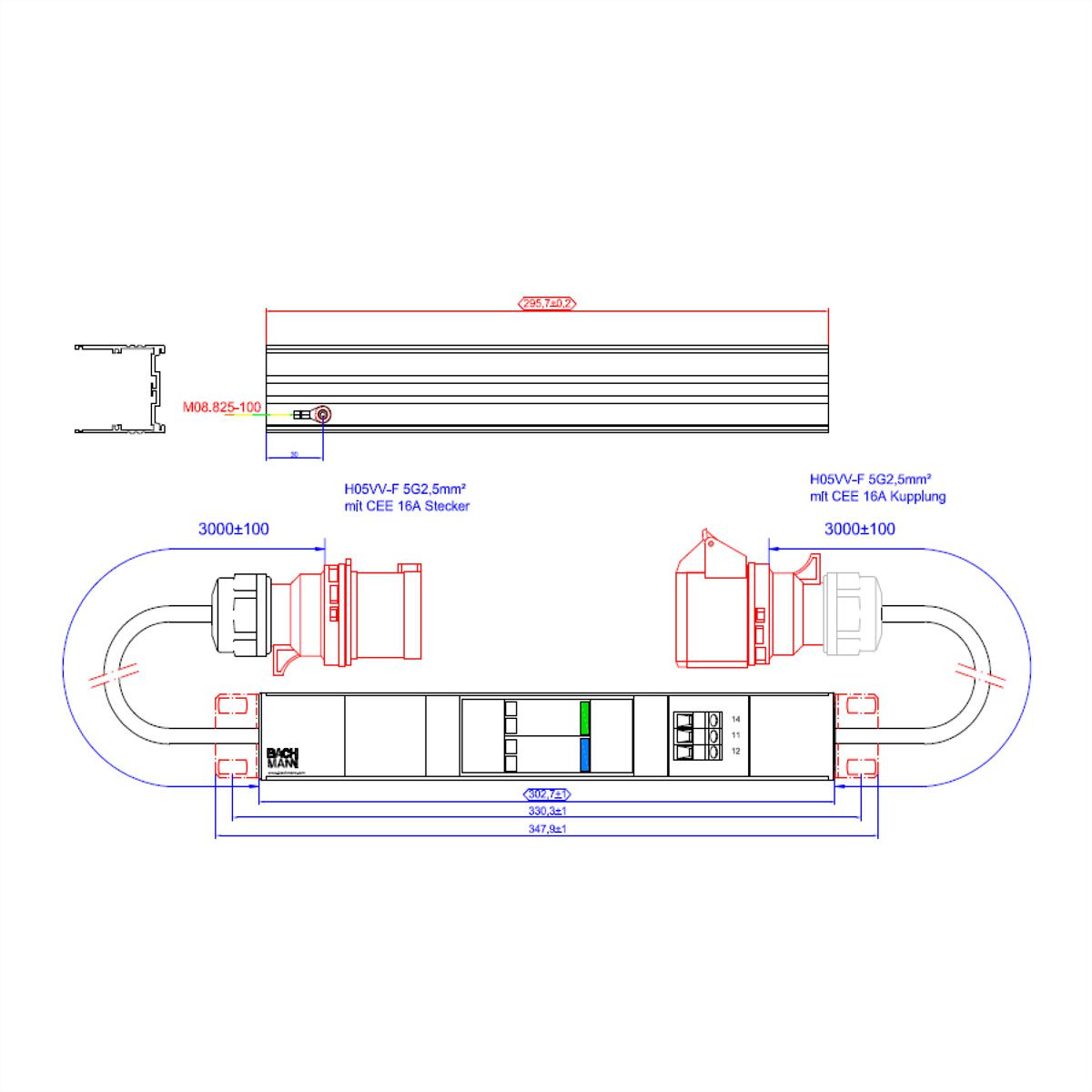 BACHMANN ALU 1U VM 1x SPD 3-phase, 1x ÜS 3x 16A 2x 1m H05VV-F 5G2.5mm CEE 16A