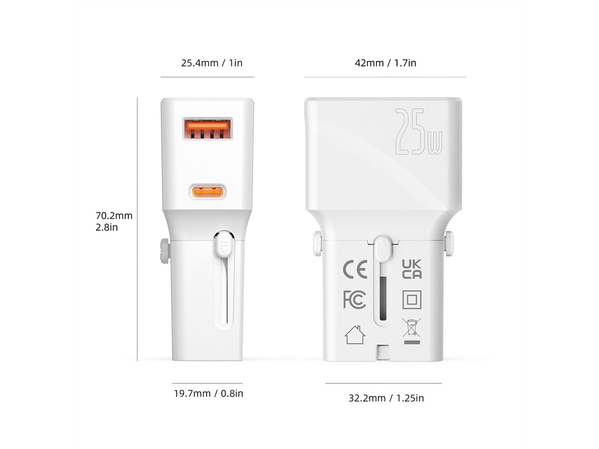 VALUE POCKET Travel Charger, EU/UK/US, 2x Ports (A+C), 25W