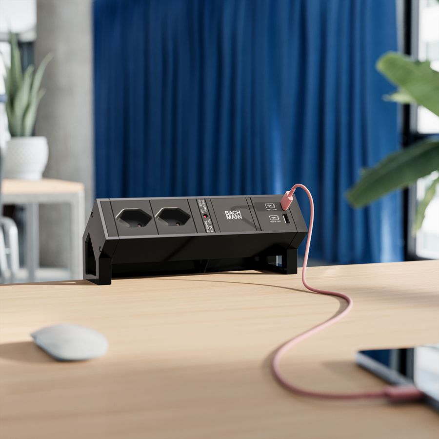 BACHMANN DESK2 2xCH 90° 1xUSB A/C 22W, 0.2m GST18 RAL9005 Switzerland