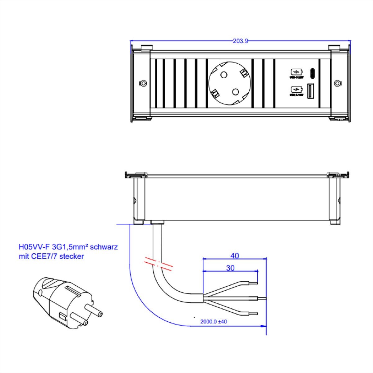 BACHMANN KAPSA S 1xCEE7/3 1xUSB A/C 22W 2.0m CEE7/7