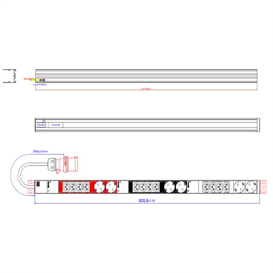BACHMANN IT PDU ALU 0U 12x C13 6x earthing contact 3x 16A CEE red