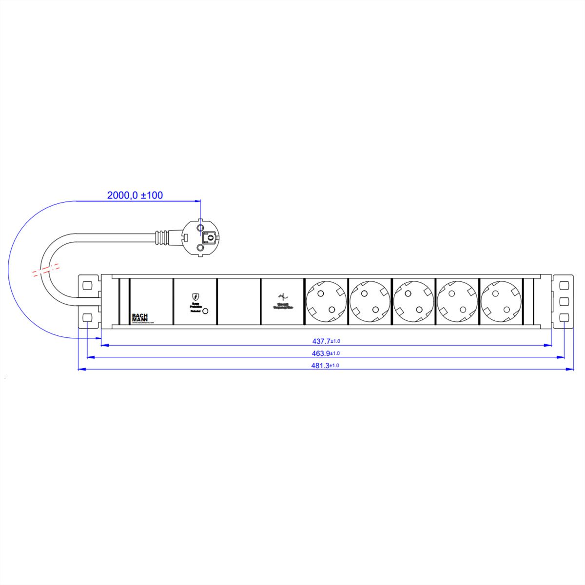 BACHMANN 19" 1.5U 5xCEE7/3 1xGVS-Plus 2.0m CEE7/7