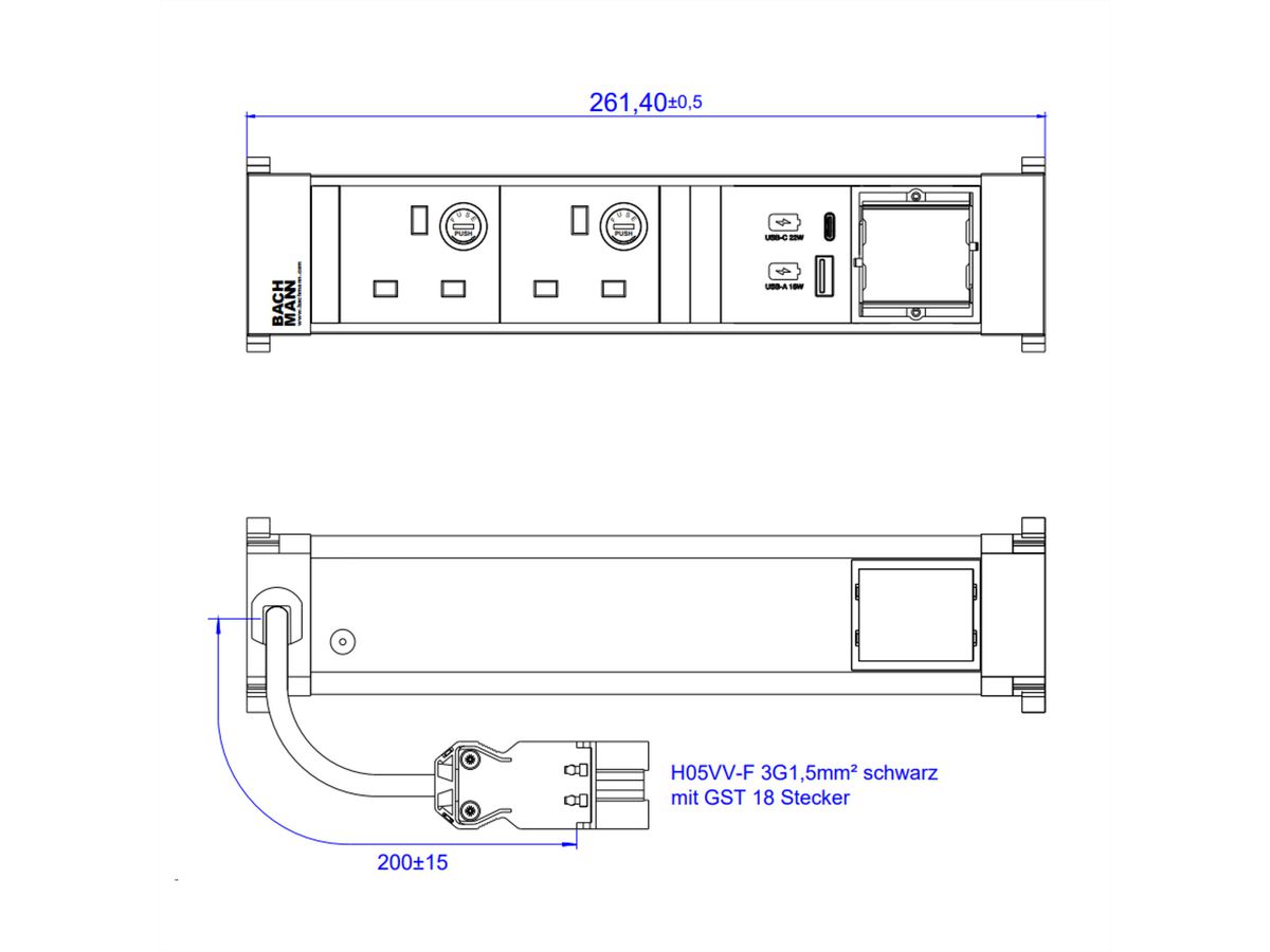 BACHMANN POWER FRAME M 2xUK USB A&C 22W, 1xCM 0.2m GST18 United Kingdom