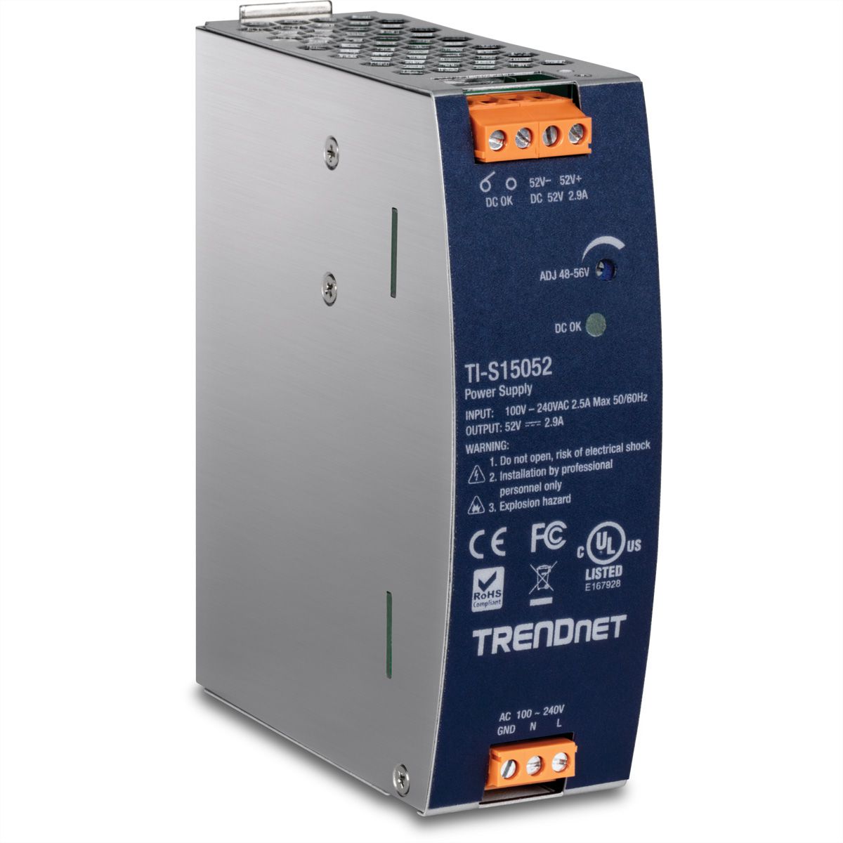 TRENDnet TI-S15052 DIN-rail voeding , 150W, 52V DC, 2,89A AC naar DC met PFC