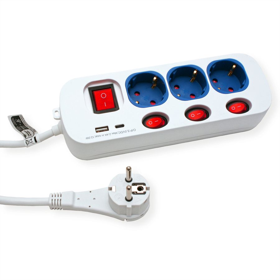 ROLINE 3-voudige stekkerdoos met schakelaar, USB oplader A+C, 1,5 m