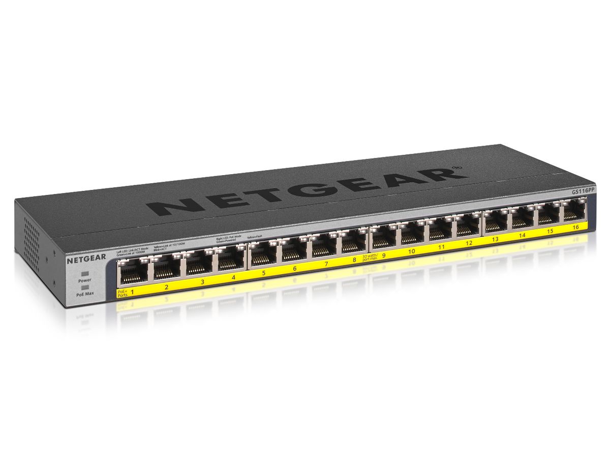 Netgear GS116PP Unmanaged Gigabit Ethernet (10/100/1000) Zwart Power over Ethernet (PoE)