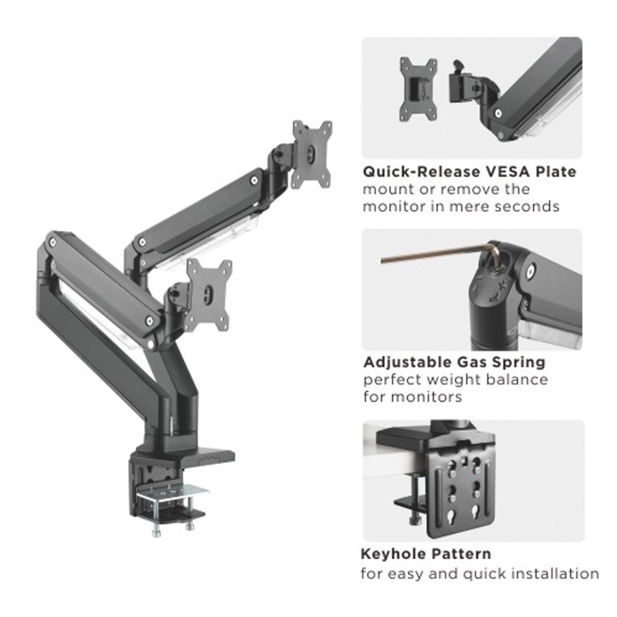 ROLINE Dual LCD Monitor Stand Pneumatic, Desk Clamp, Pivot, 5 Joints, max. 15 kg, up to 35"