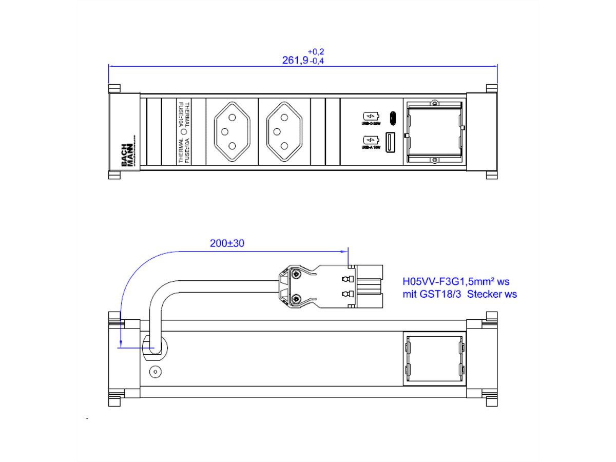 BACHMANN POWER FRAME 2xCH 0° 1xCM 1xUSB A/C 22W 0,2m GST18,white