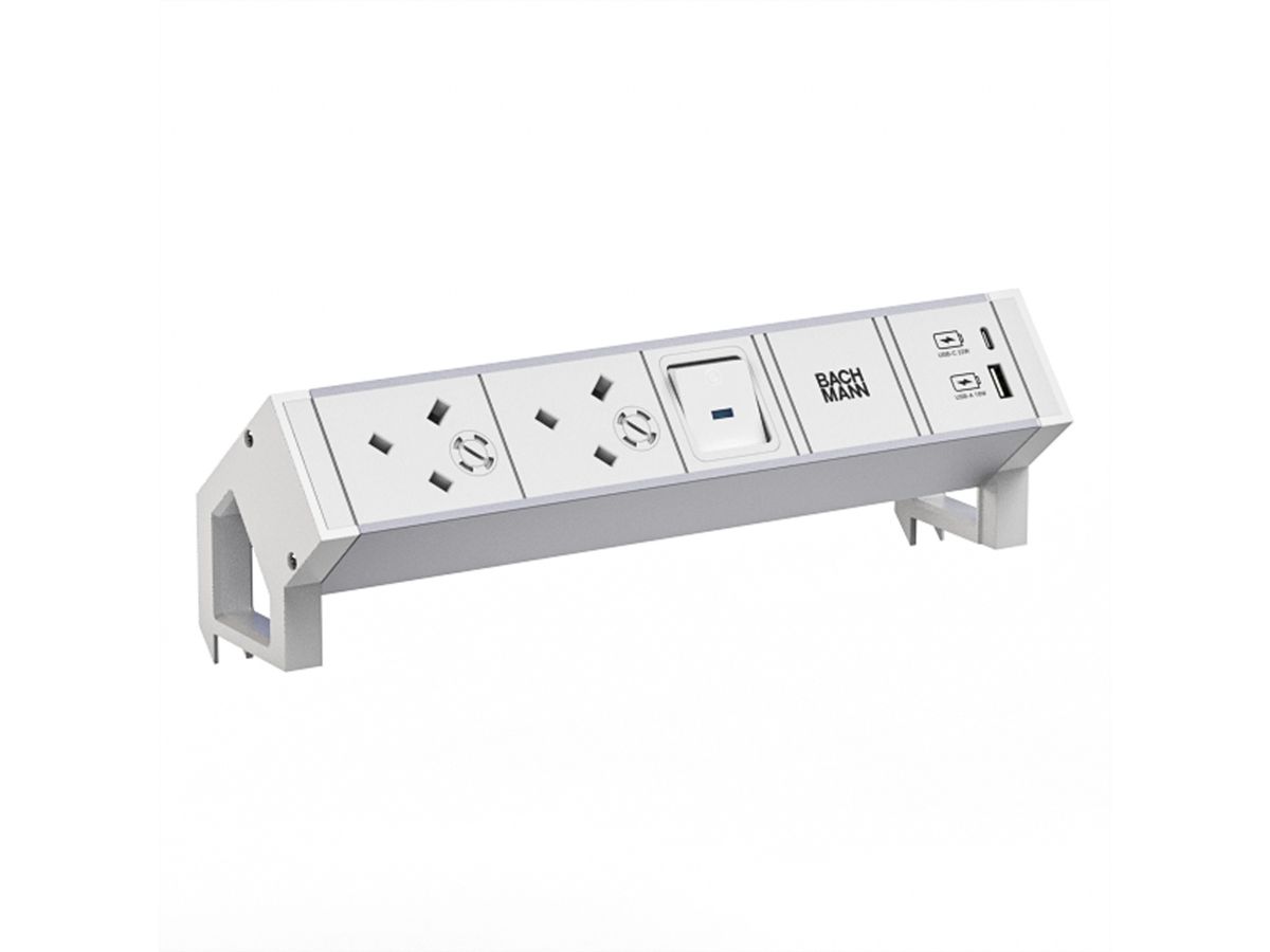 BACHMANN DESK2 ALU WHITE 2xUK, 1xUSB A/C 22W 1xSchalter 0,2m