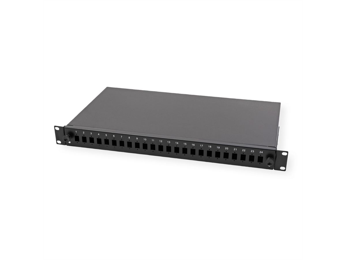 VALUE 19" glasvezel patchbox, leeg 1 HE, uittrekbaar, geschikt voor 24x SC-DX of 24x LC 4-voudig