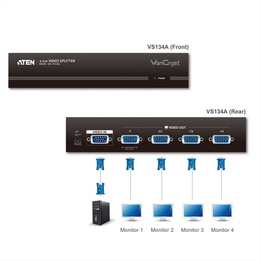 ATEN VS134A VGA Video Splitter, 450MHz, 4-voudig