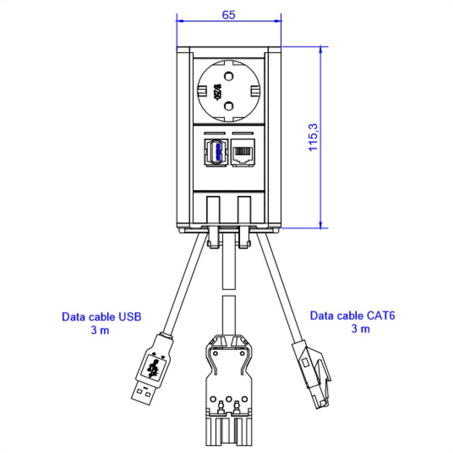 BACHMANN ELEVATOR 1x earthing contact, 1x CAT6, 1x USB 3.0, silver