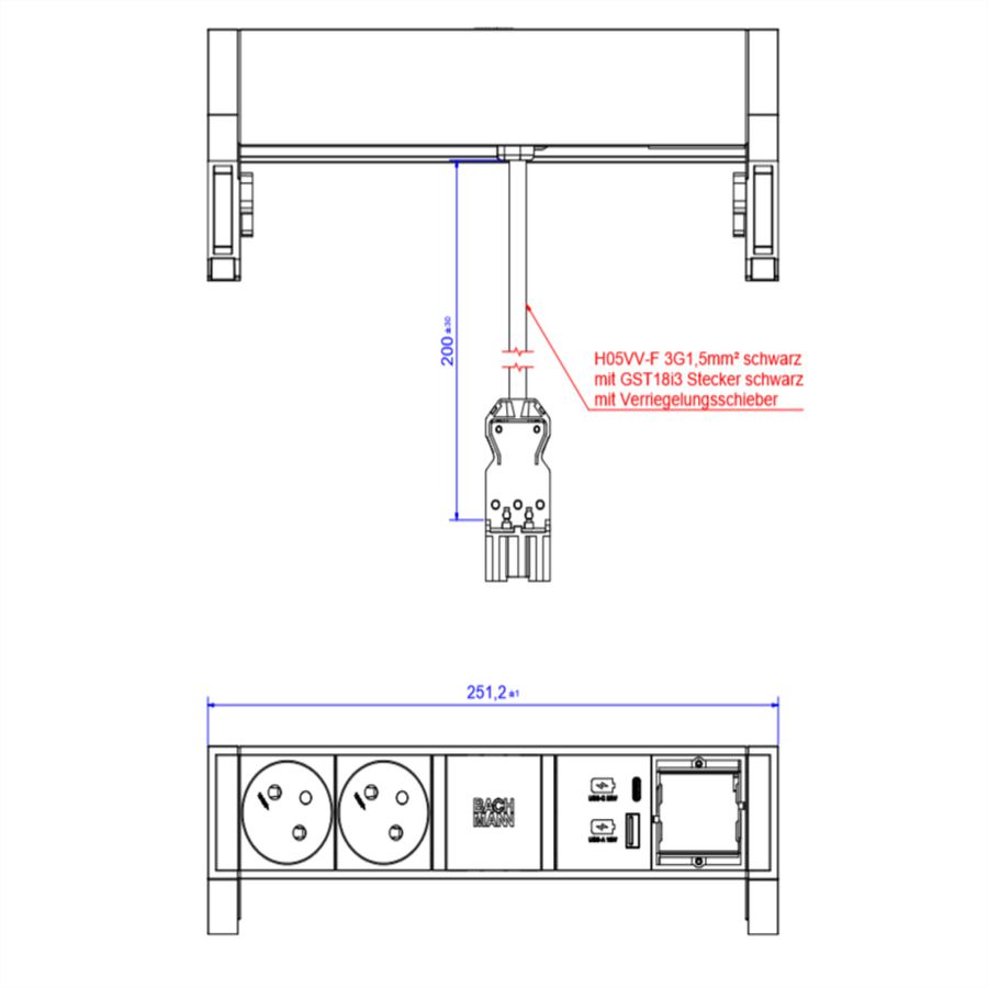 BACHMANN DESK2 ALU ZWART 2xUTE 1xCM 1xUSB A/C 22W 0,2m GST18