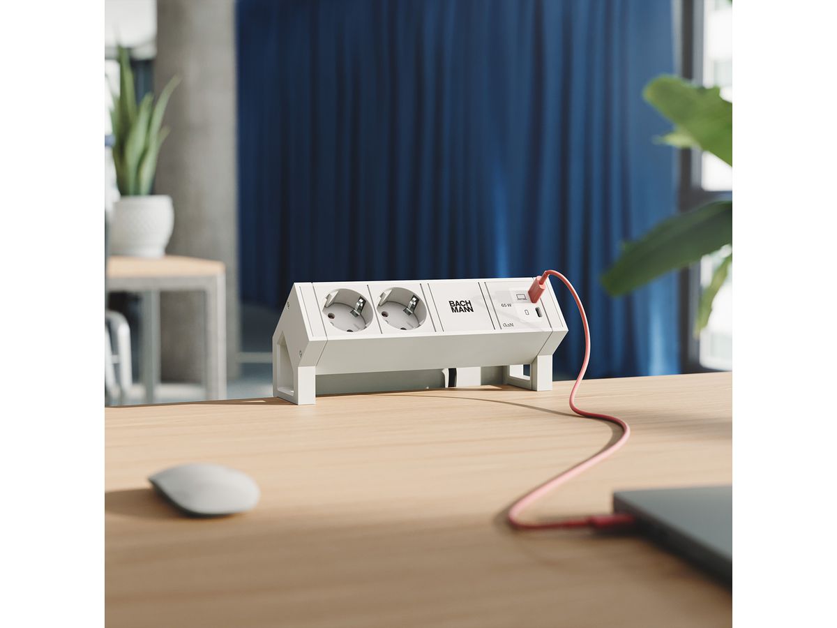 BACHMANN DESK2 PURE WHITE 2xCEE7/3, 1x USB C/C 65W L=0.2m RAL9010
