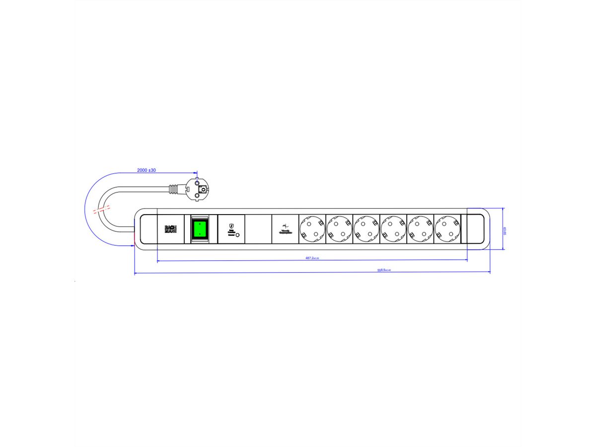 BACHMANN PRIMO 2 6xCEE7/3 1xGVS-Plus 1xswitch 2.0m CEE7/7