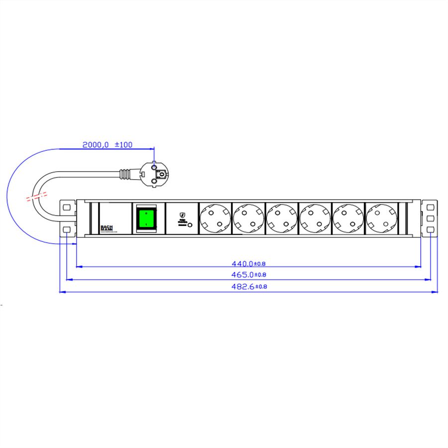 BACHMANN 19" 1.5U 6xCEE7/3 1xswitch 1xSPD-Plus 2.0m CEE7/7