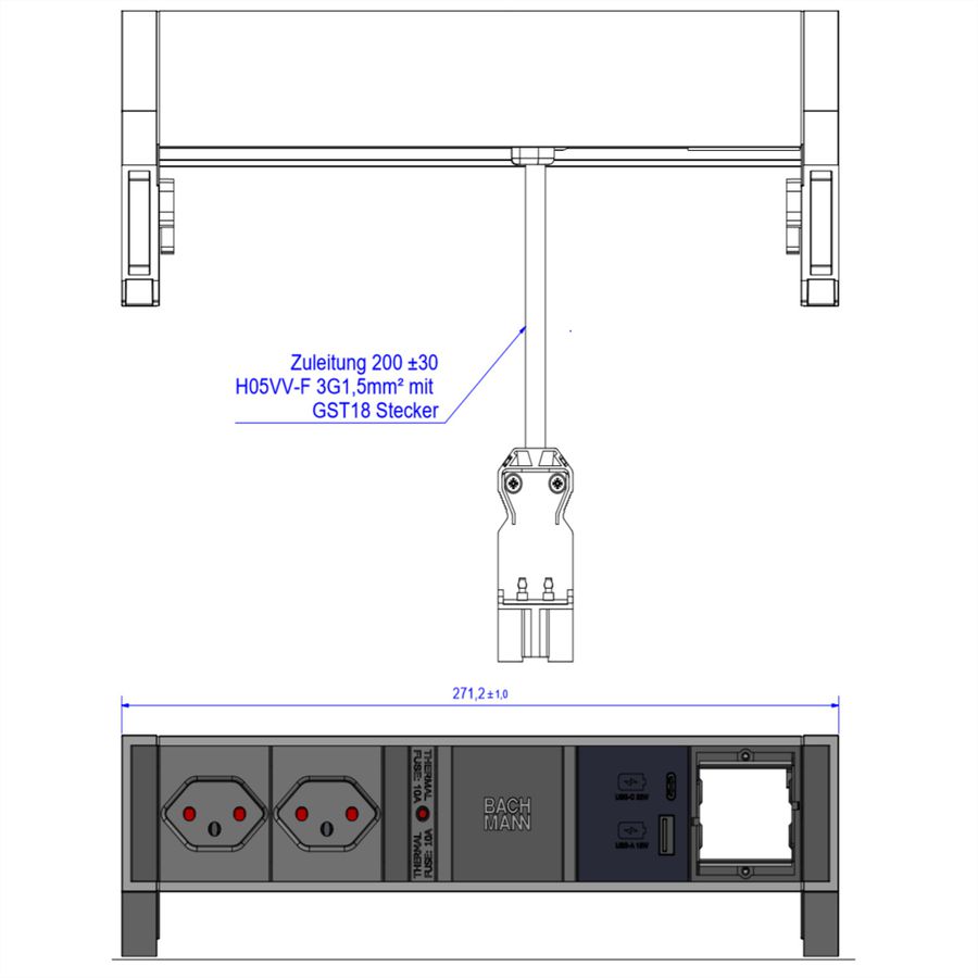 BACHMANN DESK2 2xCH 1xUSB A/C 22W 1xCM, 0.2m GST18 RAL9010 Switzerland