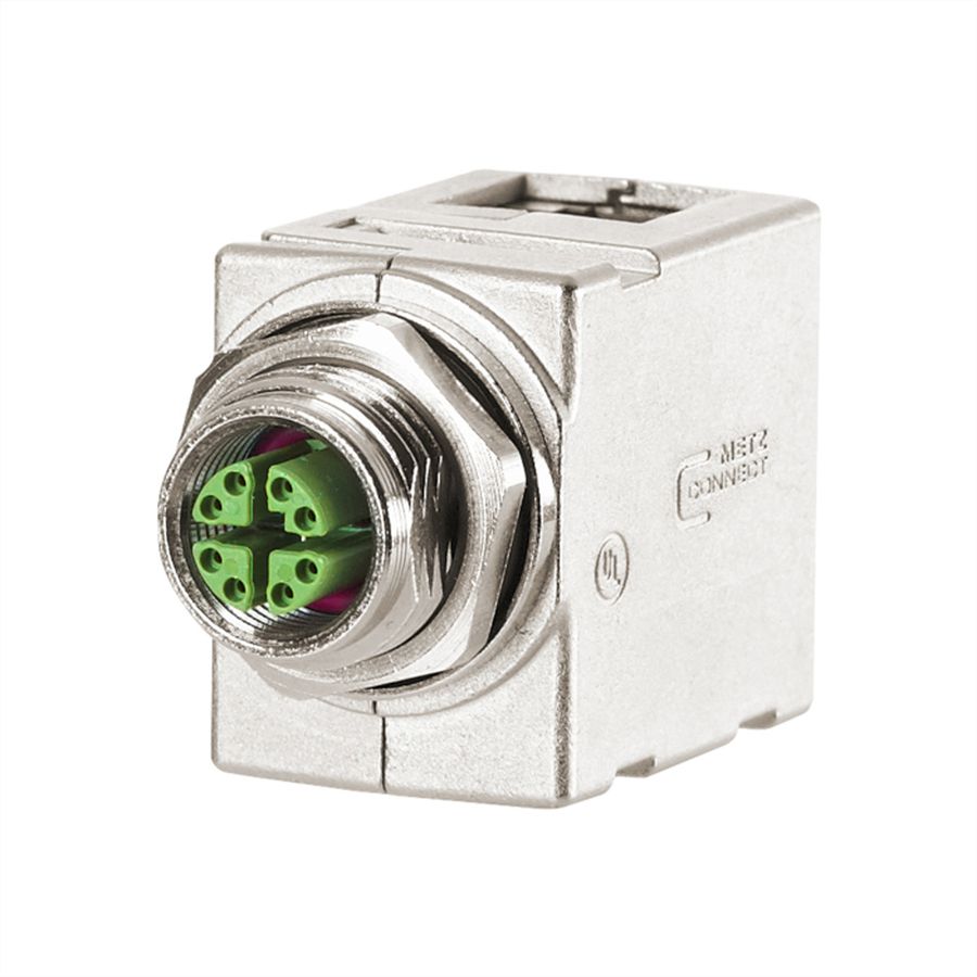METZ CONNECT M12 Panel feed through adapters, X-coded, to RJ45 - angled