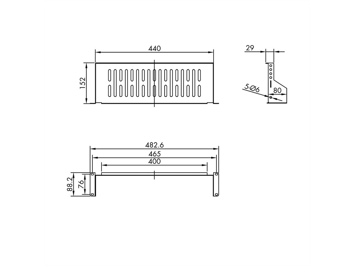 VALUE 19"-Legplank, 485 x 150mm, 2HE, max. 10 kg, zwart