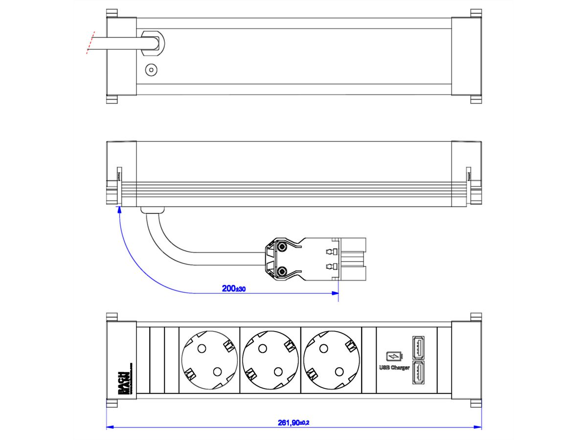 BACHMANN POWER FRAME Medium 3x earthing contact 1xUSB Charger