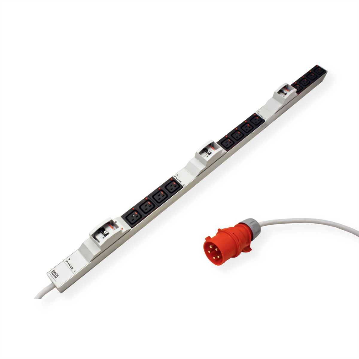 BACHMANN IT PDU ALU 1U 12xC19 6xline circuit breaker plug CEE 3L+N+PE 32A red