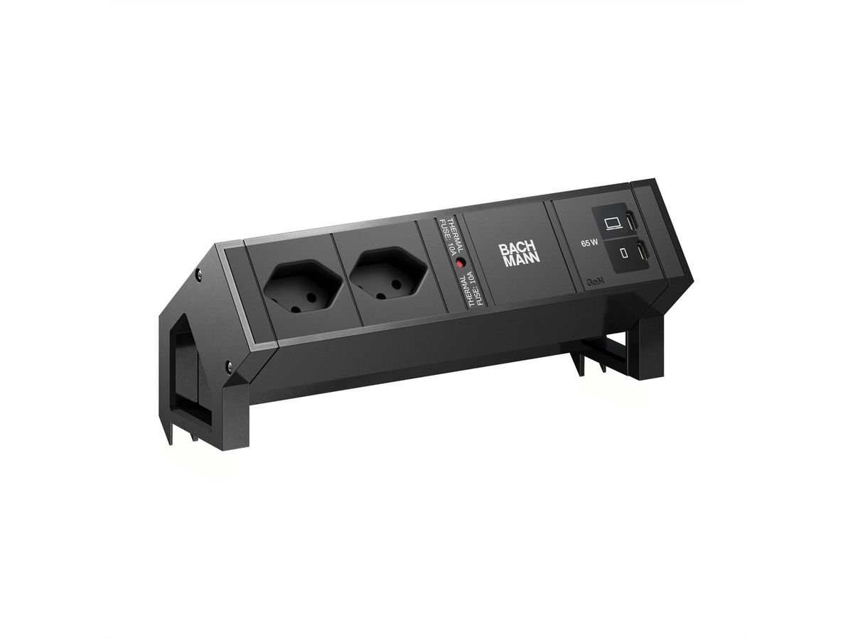 BACHMANN DESK2 2xCH 90° 1xUSB C/C 65W, L=0,2m RAL9005