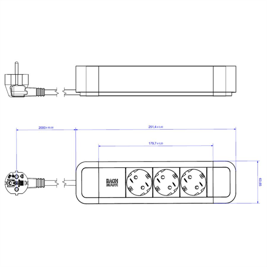 BACHMANN PRIMO2 socket strip 3x earthing contact, aluminium, black, 2 m