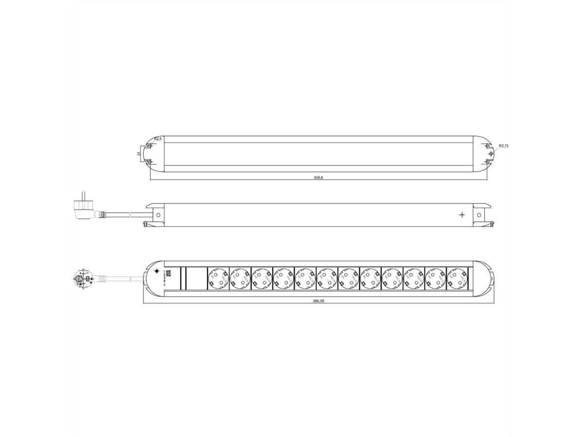 BACHMANN PRIMO socket strip 12x earthing contact, aluminium, 1.75 m
