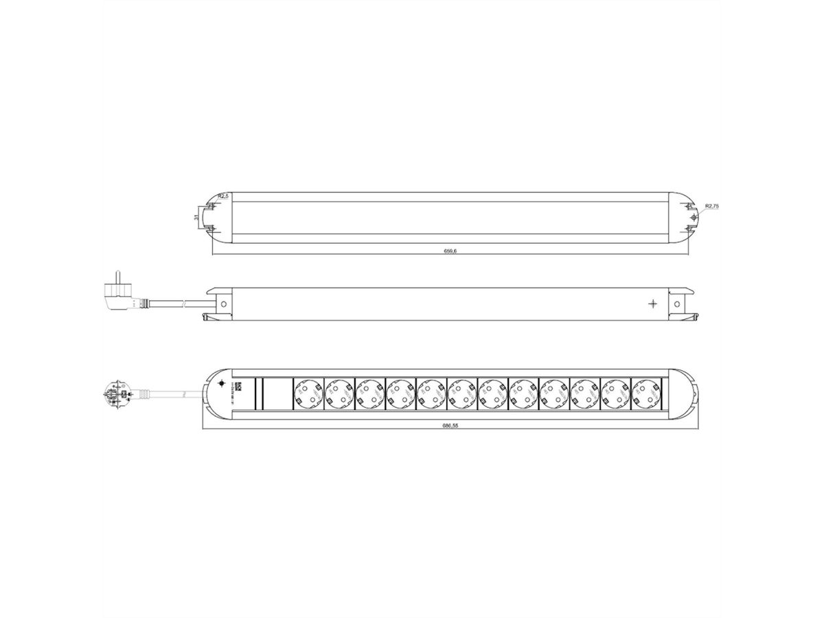 BACHMANN PRIMO stekkerdoos 12x geaard contact, aluminium, 1,75 m