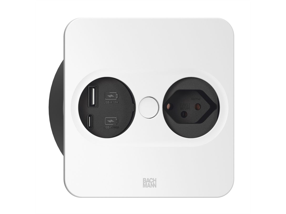 BACHMANN TWIST2 1xCH 1xUSB A/C 22W, L=0,2m RAL9010 30GE eckig