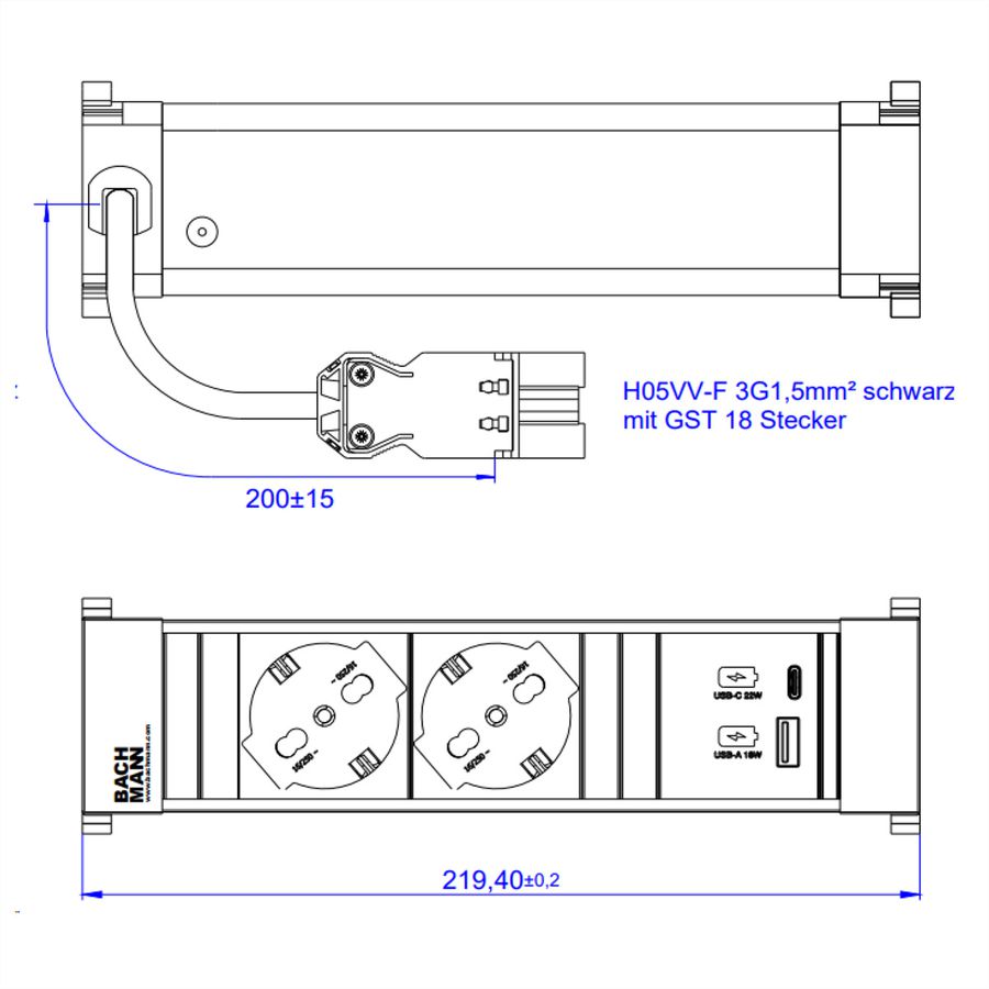 BACHMANN POWER FRAME S 2xP40, 1xUSB A/C 22W 0,2m GST18 Italië