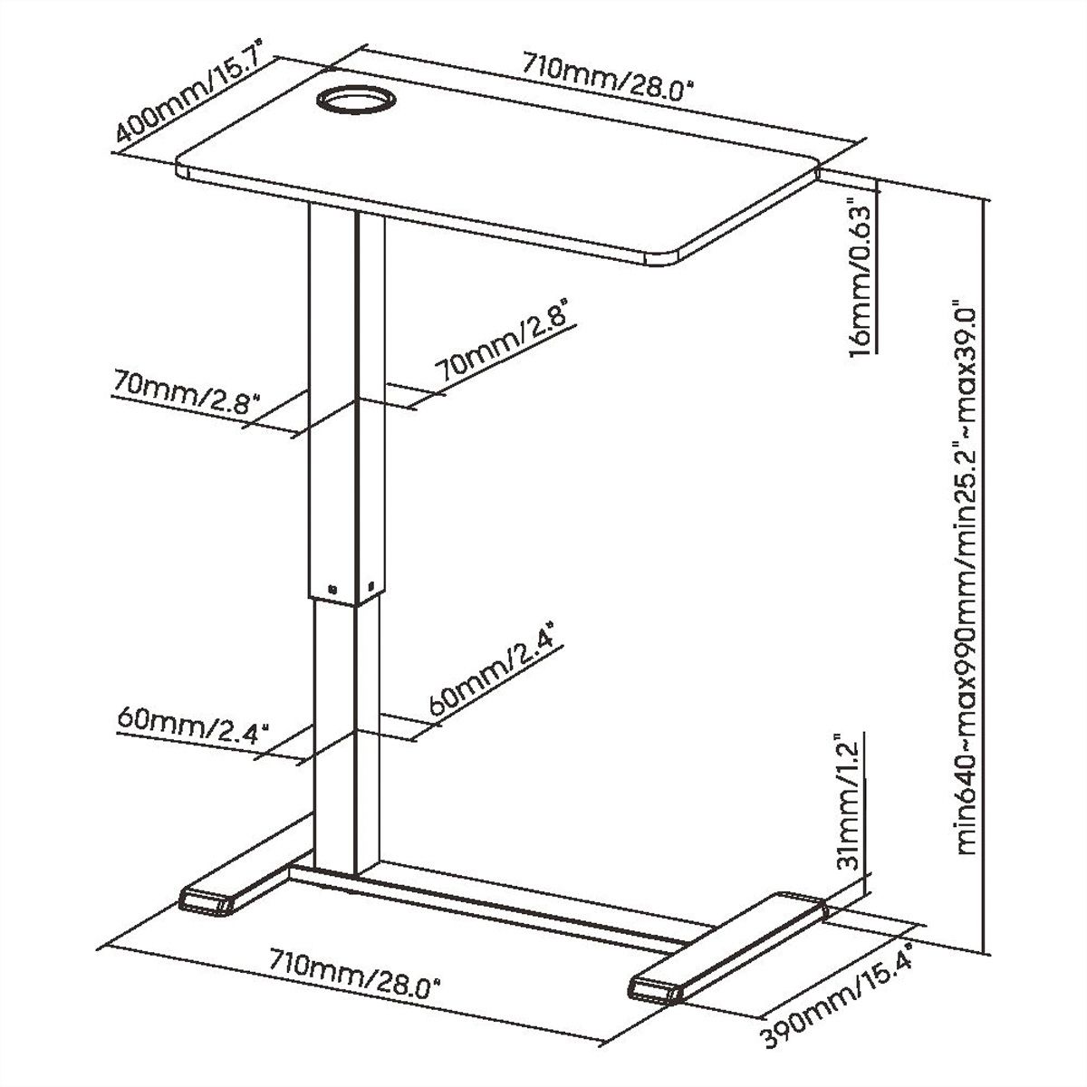 ROLINE Gas Spring Side Table / Workstation, height-adjustable, hidden casters, white