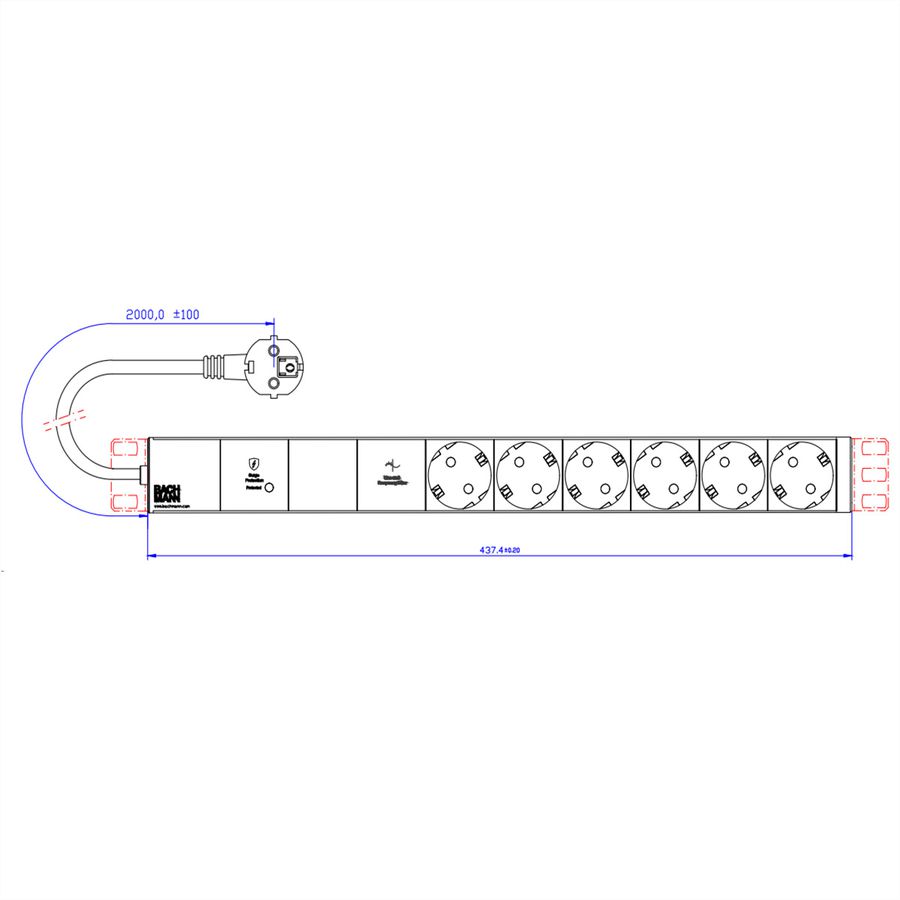 BACHMANN 19" 1U VM 6xCEE7/3 1xGVS-Plus 2.0m CEE7/7