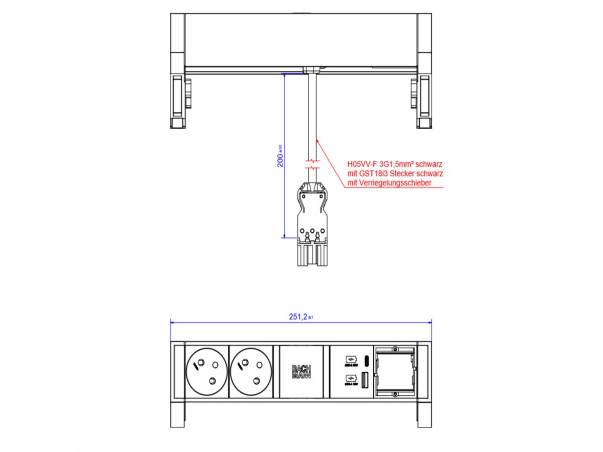 BACHMANN DESK2 ALU ZWART 2xUTE 1xCM 1xUSB A/C 22W 0,2m GST18