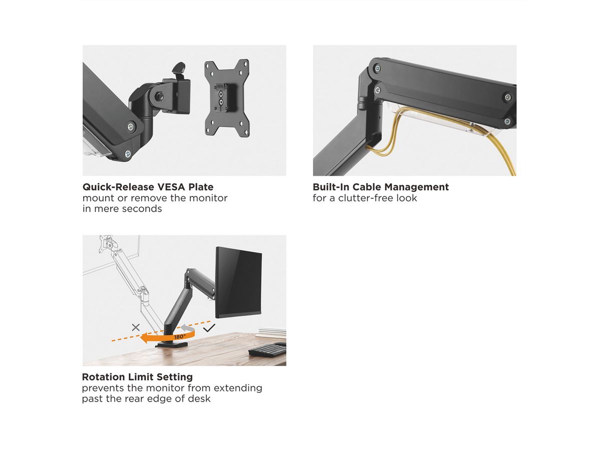 ROLINE LCD Monitor Stand Pneumatic, Desk Clamp, Pivot, max. 15 kg, 5 Joints