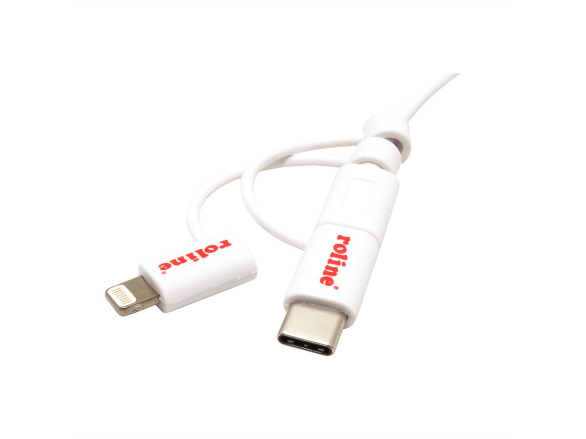 ROLINE 8pin + MicroB + Type C to USB Charge & Sync Cable, white, 1 m