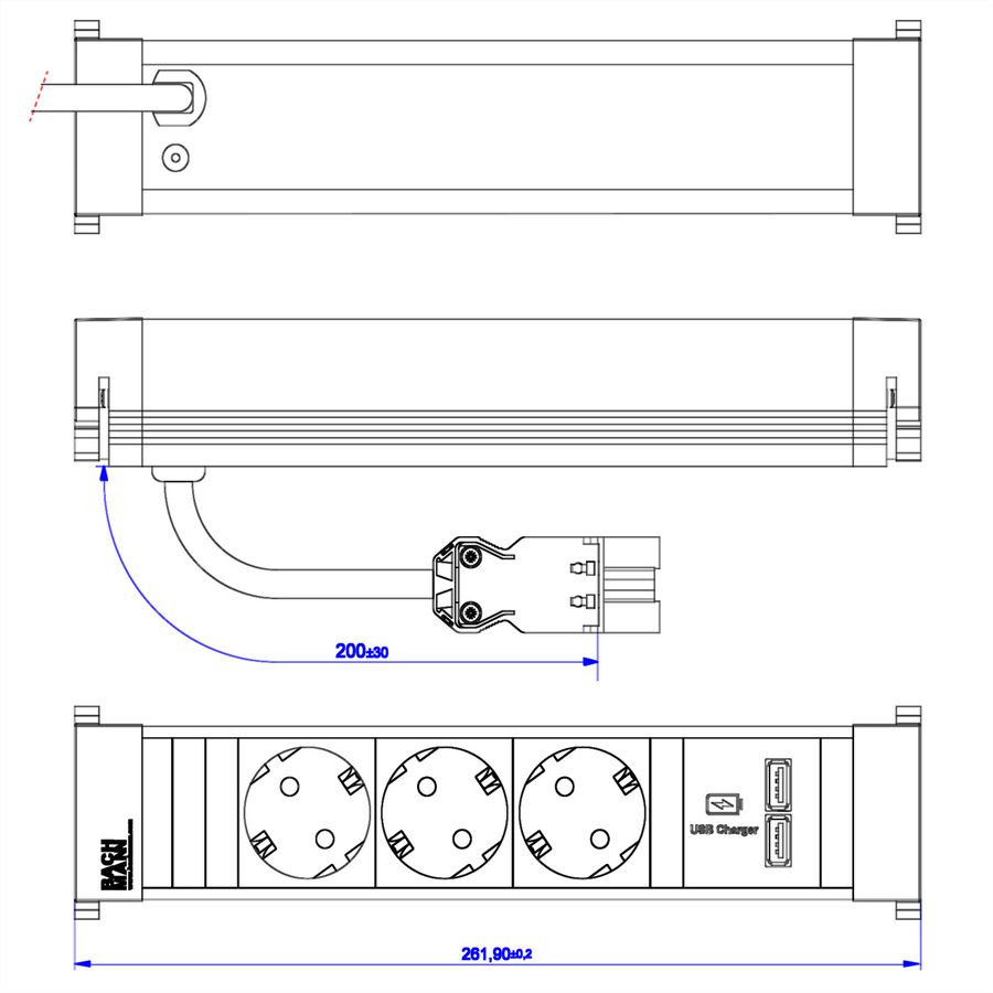 BACHMANN POWER FRAME Medium 3x earthing contact 1xUSB Charger