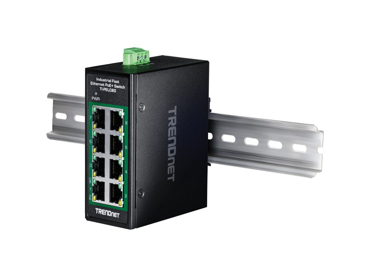 TRENDnet TI-PELC80 8-Port Ethernet PoE+ Industrial DIN-Rail Mini Switch