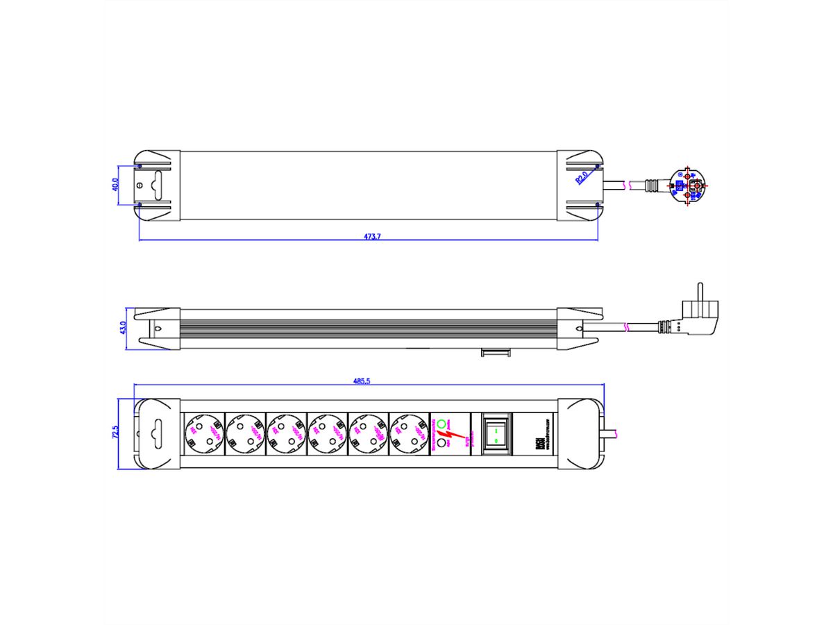 BACHMANN CONNECTUS stekkerdoos 6x geaard contact, overspanningsbeveiliging, met schakelaar, 2 m