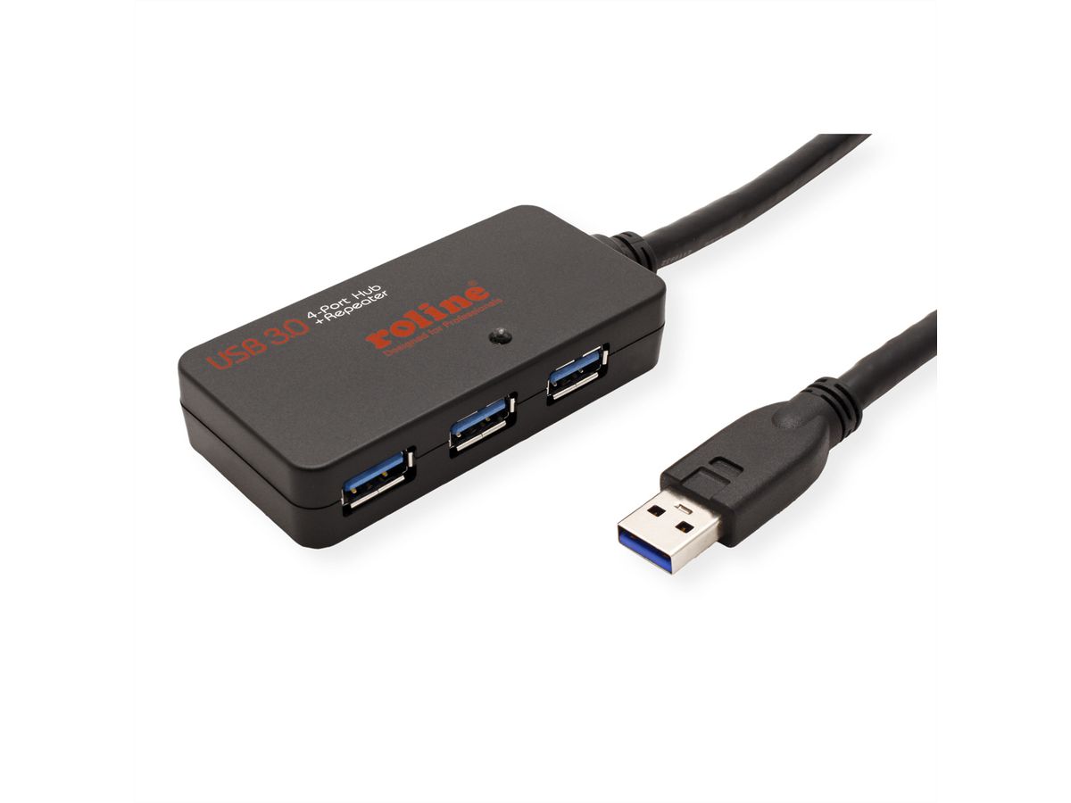 ROLINE USB 3.2 Gen 1 4-port Hub met repeater, zwart, 10 m