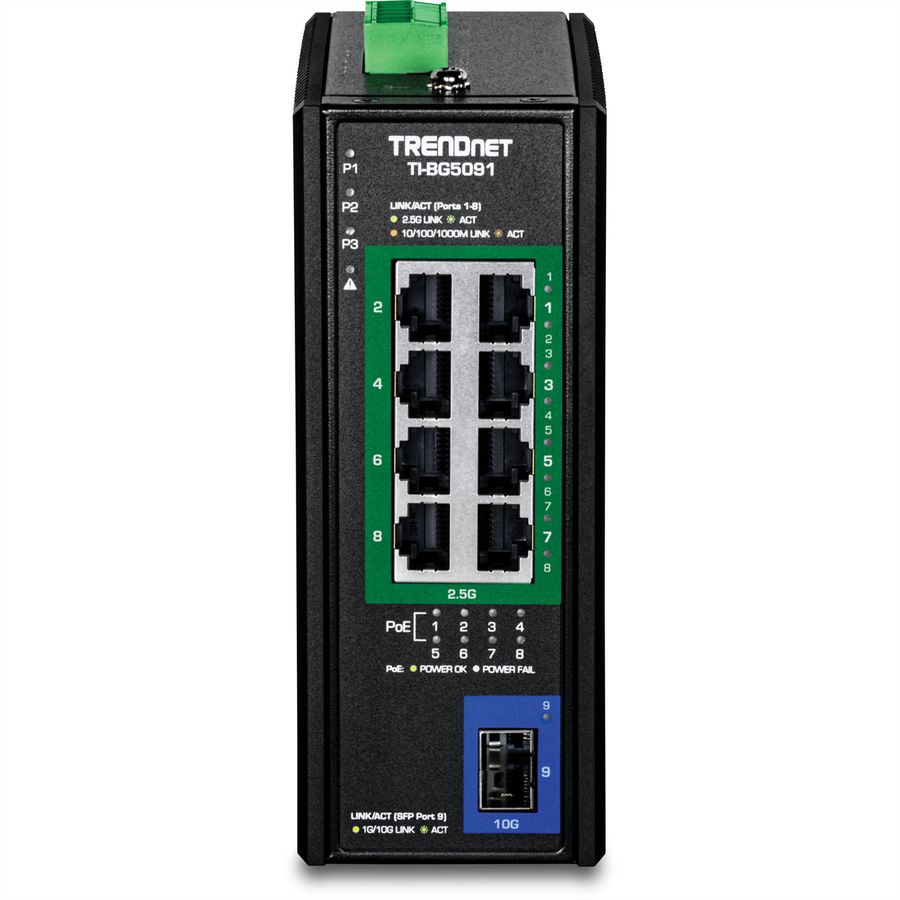 TRENDnet TI-BG5091B 9-Port Industrial 2.5G DIN-Rail PoE++ Switch with 10G SFP+ Port