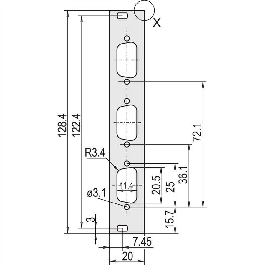 SCHROFF U-profile Front Panel, Shieldable, D-Sub Cutout, 3 U, 4 HP, 3 x 9 Pin, 2.5 mm, Al, Front Anodized, Rear Conductive