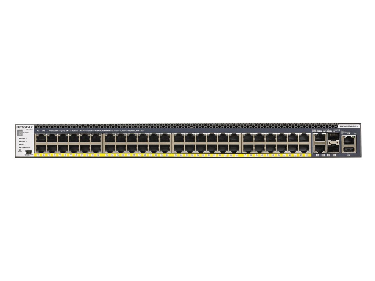 Netgear ProSAFE Managed Switch - GSM4352PA - Stackable platform met 48 PoE+ poorten + 2 x SFP+ en 2 x 10GBASE-T poorten (550W PSU)