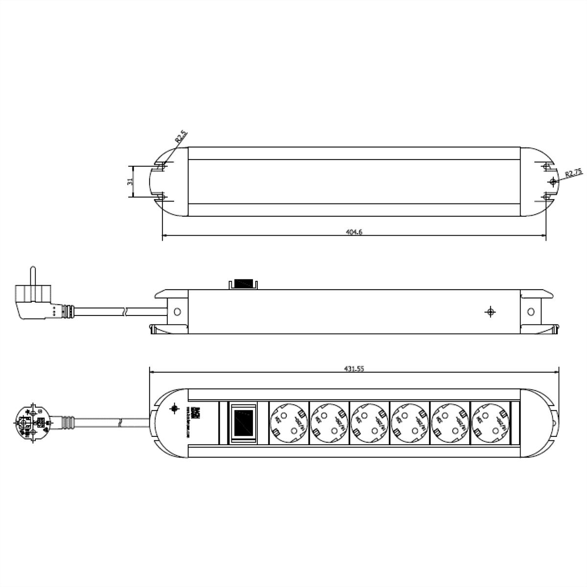BACHMANN PRIMO socket strip 6x earthing contact, aluminium, with switch, 1.75 m