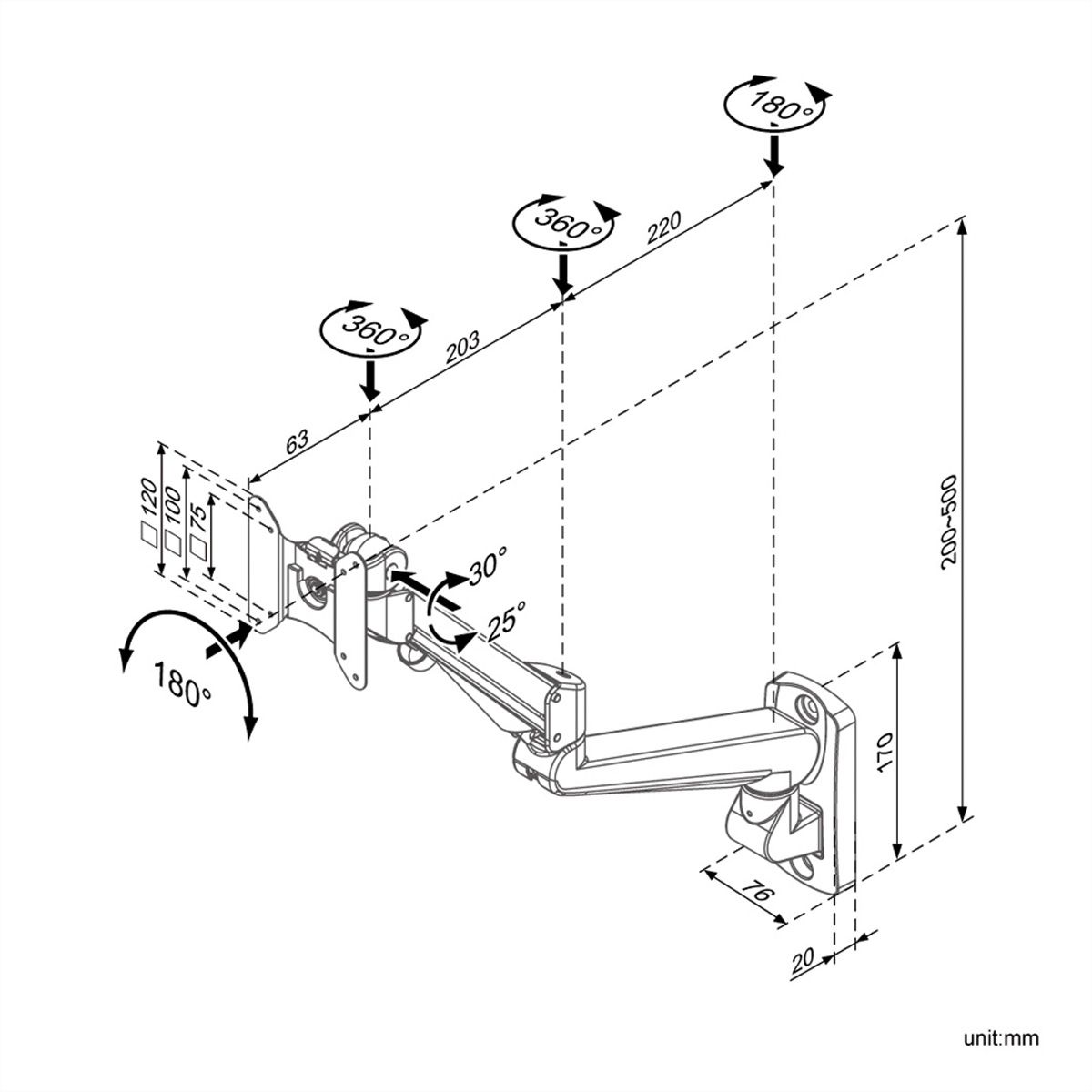 ROLINE LCD Monitor Stand Pneumatic, Wall Mount, Pivot, 2 Joints
