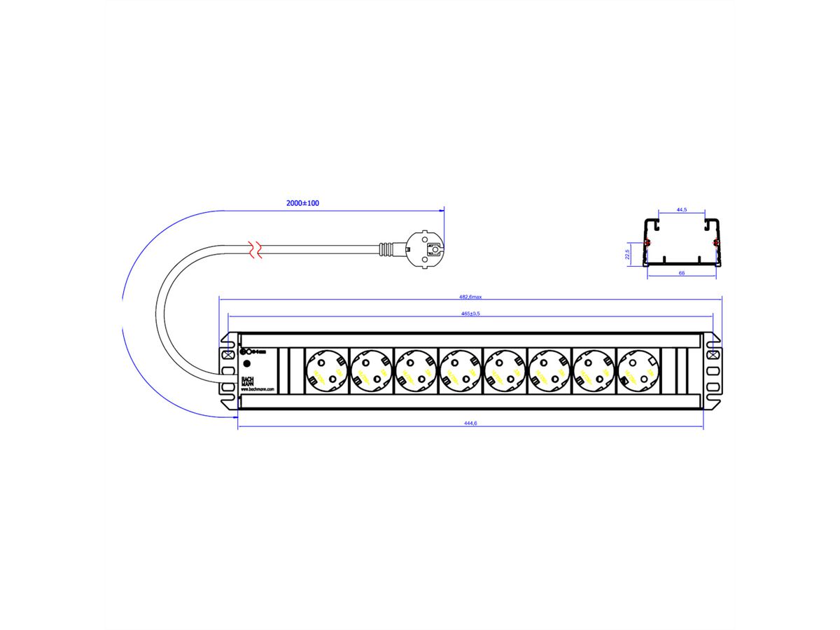 BACHMANN stekkerdoos 8x geaard contact, 19 inch compatibel, 2 m