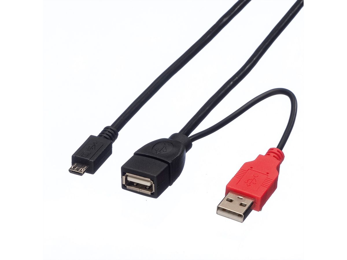 ROLINE USB 2.0 Y kabel, 2x Type A (M/F) - Micro B M, 1m